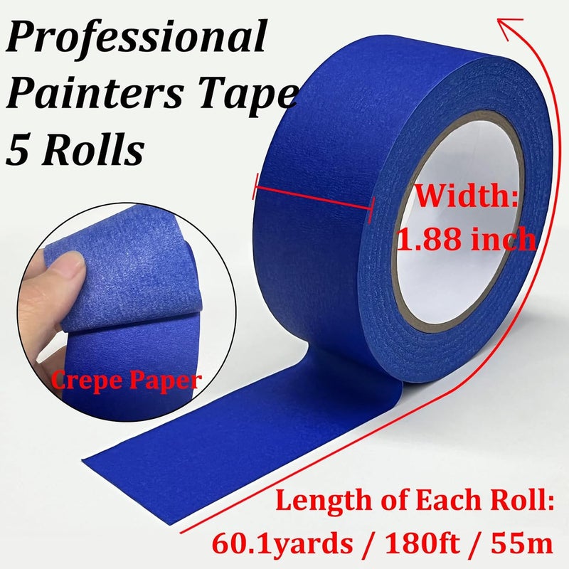SmaringWing Painters Tape 2 Inch Wide, Masking Tape, Blue Tape, Professional Paint Paper Tape for Multi-Purpose, Artist Painting Tapes, DIY Crafts Arts, Protects Surfaces, Removes Easily, 5 Rolls, 1.88IN x 60.1YD - Image 2